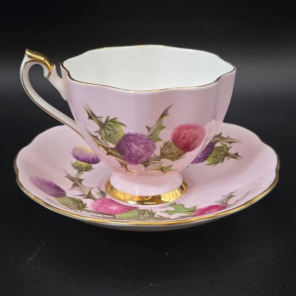 Vintage Queen’s Rosina Thistle Teacup and Saucer Set Gold Trim England - Picture 3 of 11